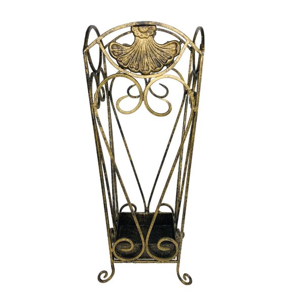 French Iron Walking Stick Cane Umbrella Stand Holder Storage Gold Dripping Tray - Picture 1 of 16